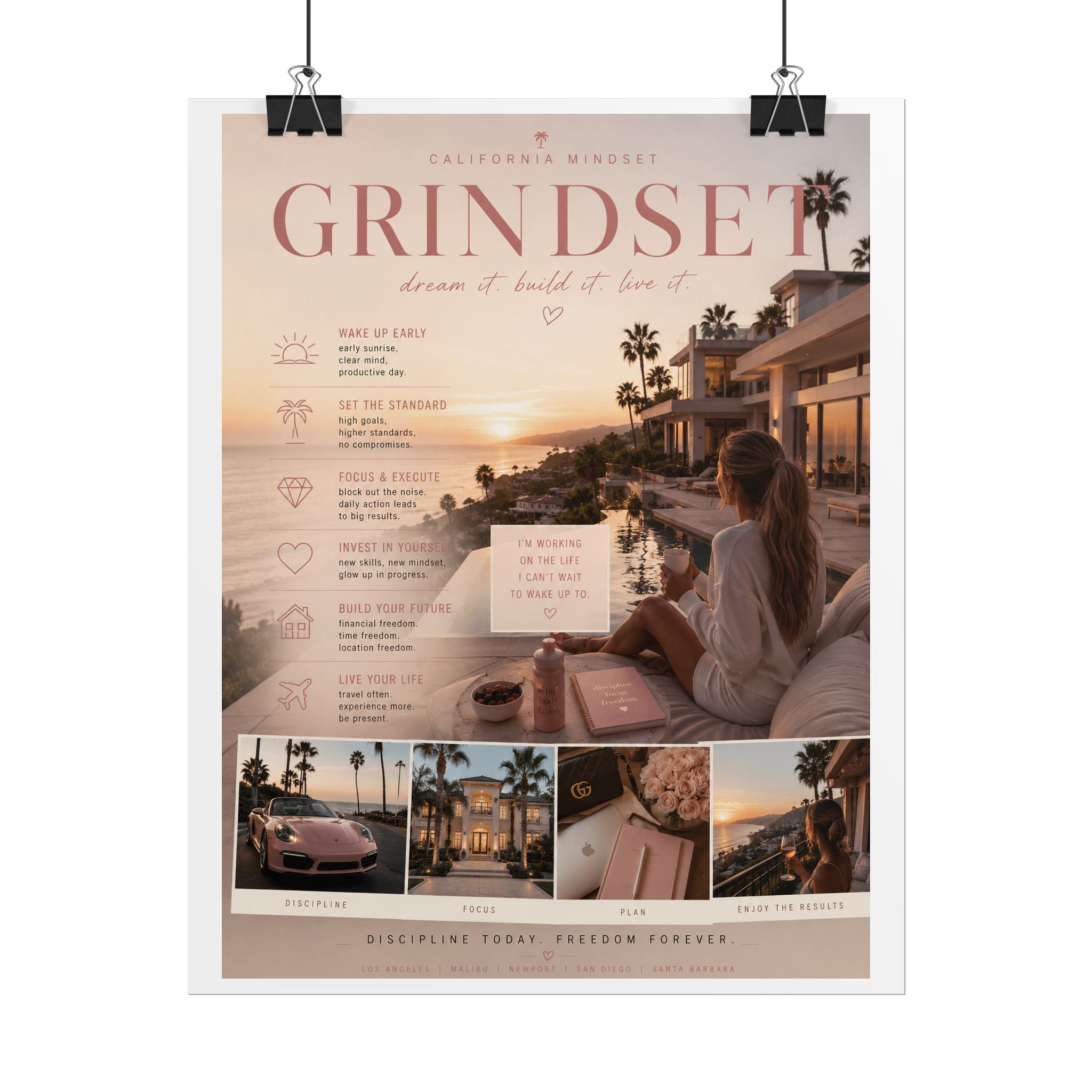 Grindset Motivational Poster Rolled Posters | Beach Sunset Vision Board Wall Art